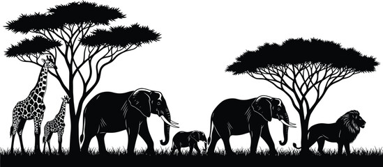 African safari wildlife silhouettes with elephants, giraffes and lion under acacia trees, savanna nature scene vector illustration isolated background © mokbul