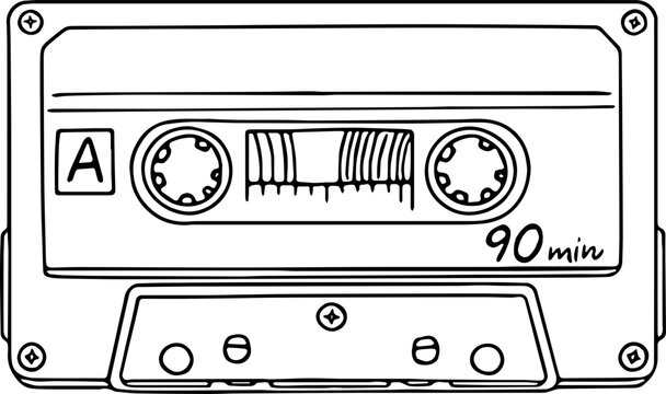 Handgezeichneter Sketch einer Musikkassette mit Copy Space in der Beschriftungszeile. Audio Tape. Spulen, Seite A und Laufzeit 90 Minuten. 