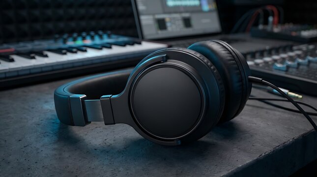 Professional studio headphones resting on a desk with music production equipment in the background