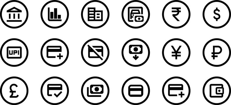 Collection of eighteen black and white circular banking and financial icons, set of diverse money and payment symbols