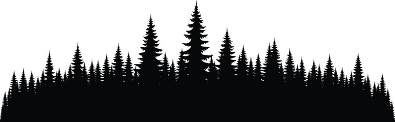 Obraz premium Dense forest silhouette border featuring pine and evergreen trees, black isolated vector illustration for landscape, nature backgrounds and decorative design projects