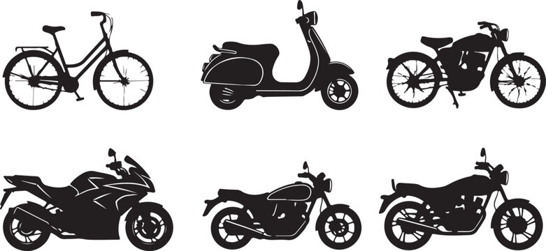 bicycle scooter motorbike electric bike silhouette set minimal black vector white background
