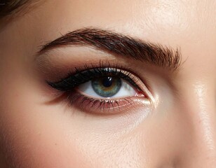 Obraz premium A woman's eye with blue iris and brown eye shadow