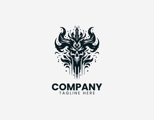 Fototapeta premium Sword with horned skull and floral detail in shield banner composition in clean modern black vector logo illustration style on a white background