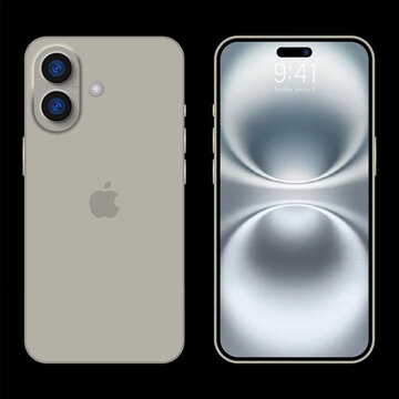 Apple iPhone 16 beige smartphone front and back view with lock screen isolated on black background. Editorial vector illustration