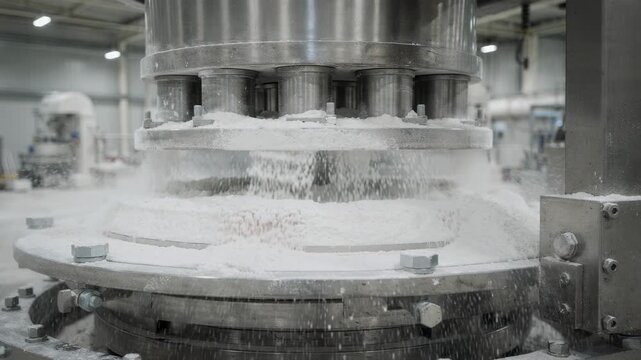 Closeup medium shot of talc being finely ground by vertical roller crushers inside a clean mineral processing hall highlighting machinery details.