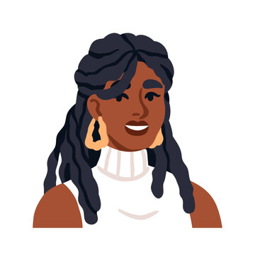 Black woman avatar, long locs hair, dreadlocks hairstyle. Female head, face portrait with braided locks, rope twists. Attractive pretty girl. Flat vector illustration isolated on white background