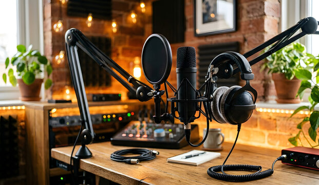 Studio microphone stands on desk with headphones hanging beside it.