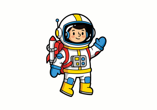 Adorable cartoon astronaut character waving with a rocket backpack in a playful illustration