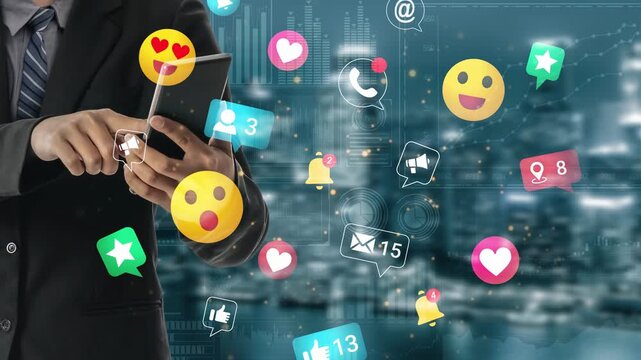 Modern Businessman Using Smartphone Surrounded by Colorful Social Media Icons and Digital Communication Symbols in Urban Environment Gluon.