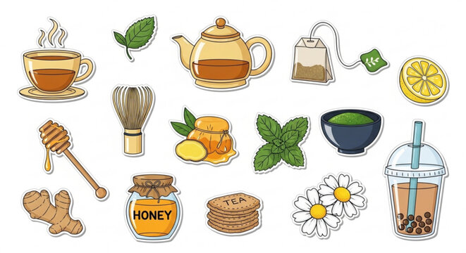 Herbal tea icons, honey and lemon illustrations, 16 tea time vector graphics, food and drink elements
