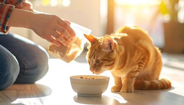 Ginger cat eagerly eating food from a bowl.