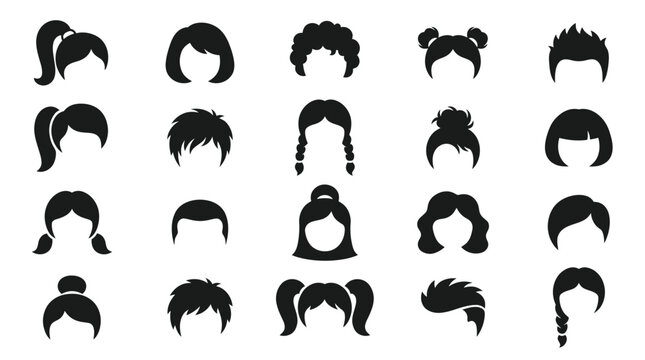 Diverse Hairstyles Glyph Icons Set - Black Silhouette Haircuts for People, Beauty, Fashion Design