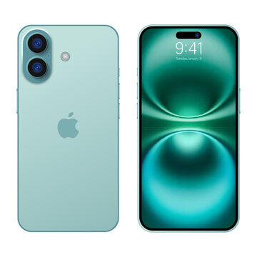 Apple iPhone 16 green smartphone front and back view isolated on light background. Editorial vector illustration