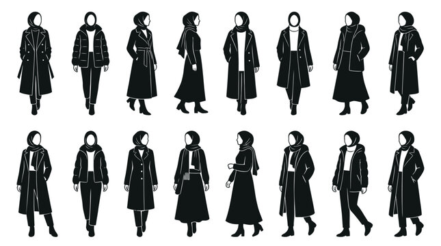 Modest Fashion Hijab Women Outerwear Styles - Black  White Silhouette Vector Set
