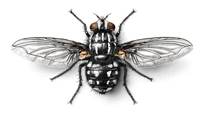 Macro Shot of Black-and-White Striped Flesh Fly (Sarcophagidae) &mdash; Isolated on White, High-Detail Insect Specimen for Science, Education & Design