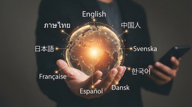 Business professional holding global language translation network interface on smartphone for multilingual communication and international connectivity
