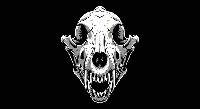A stark and detailed illustration of a wolf skull, featuring sharp teeth and a menacing expression, presented on a plain black background