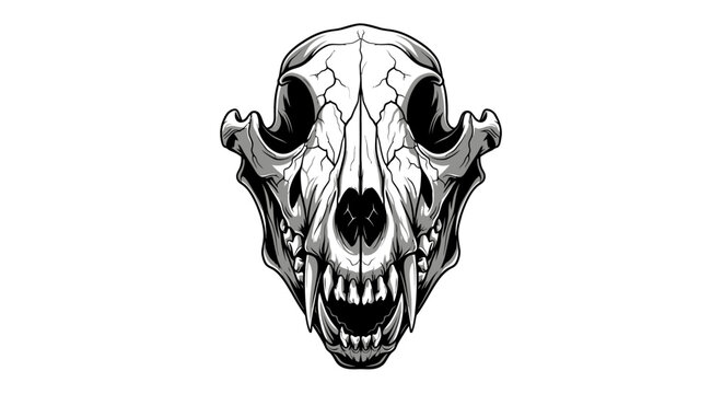 Detailed illustration of a canine skull with sharp teeth, presented in a striking black and white graphic style