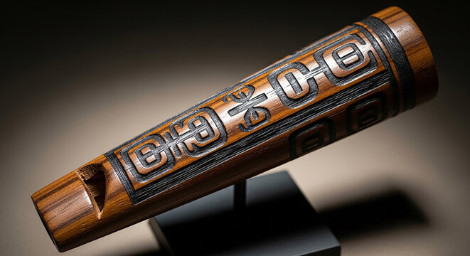 Ancient Wooden Flute with Intricate Carvings, Indigenous Musical Instrument