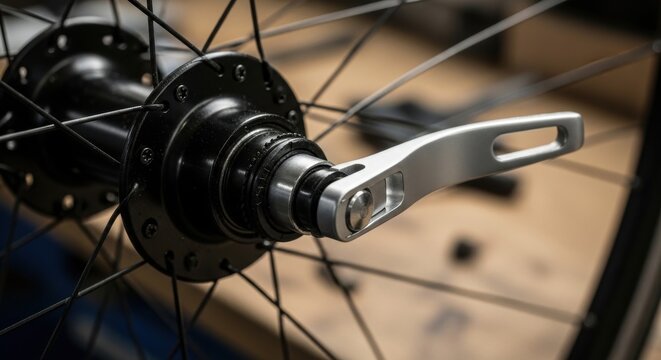 Detailed view of a bicycle wheel hub with a silver quick release lever engaged, showcasing mechanical detail