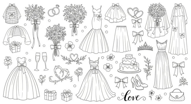 Collection of Wedding Elements Hand-Drawn Sketch Style.