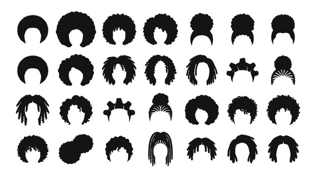 Afro Hairstyles Silhouettes Vector Icons Set - Diverse Black Hair Styles Glyph Art