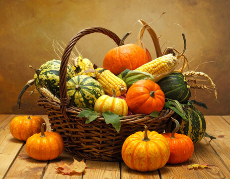 Autumn harvest basket with pumpkins