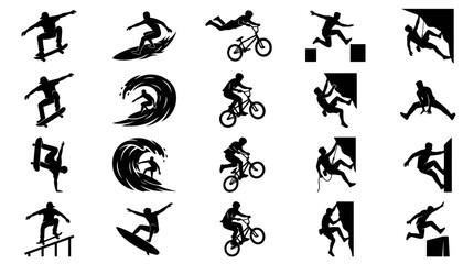 Obraz premium Black Silhouette Action Sports Glyphs: Skateboard, Surf, BMX, Parkour, Climb Icons