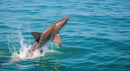 Fototapeta premium Powerful shark breaching the ocean surface in an acrobatic feeding display