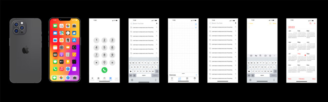 Apple iPhone 16 Pro smartphone set with home screen apps interface and transparent background isolated on black. Editorial vector illustration