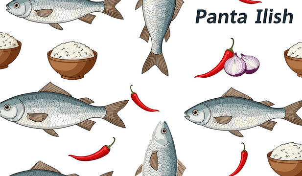 Vibrant Panta Ilish Fish Illustration with Rice and Chili Vector Art