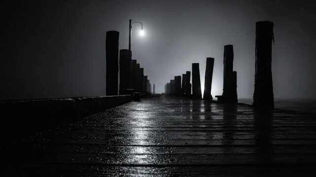 Black and white shot of an eerie wooden pier with a solitary street light and reflection on a misty night