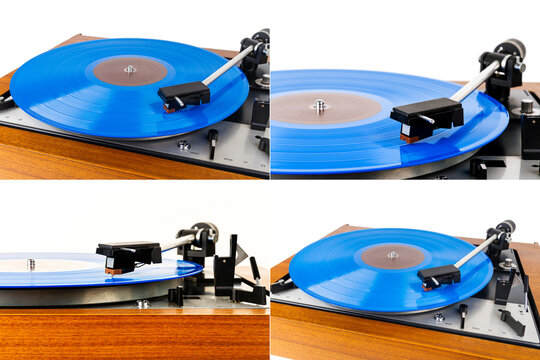 Collection of images with vintage stereo turntable vinyl record player isolated on white background. Blue record on turntable.