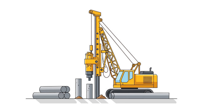 Yellow Hydraulic Piling Rig Machine Vector Illustration for Foundation Construction and Civil Engineering Projects Isolated on White Background