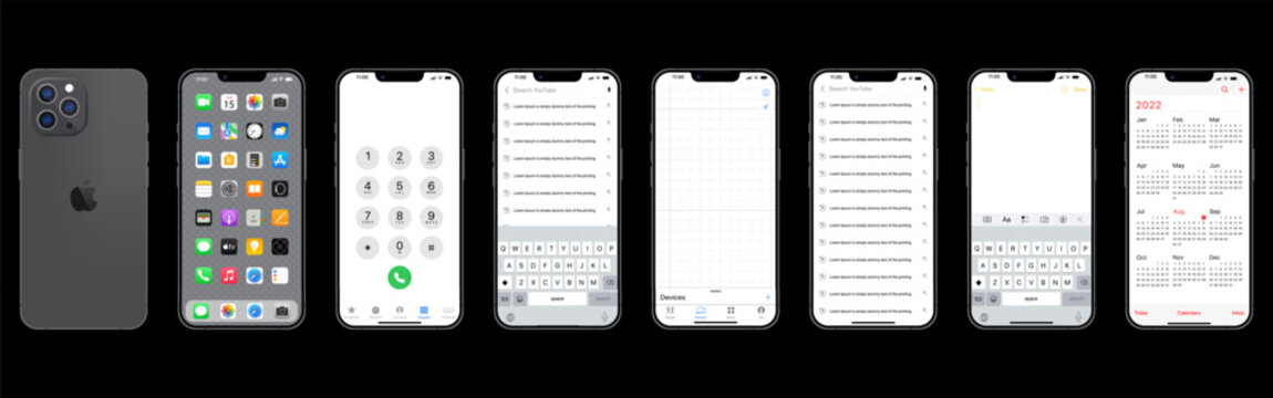 Apple iPhone smartphone with iOS home screen dial pad search notes and calendar apps interface screens. Editorial vector illustration