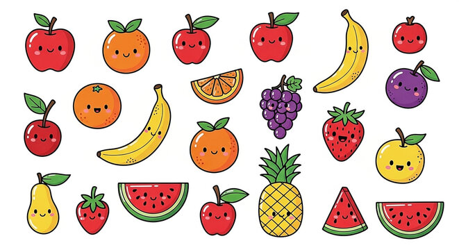 Vibrant collection of kawaii fruit illustrations with happy faces on a white background