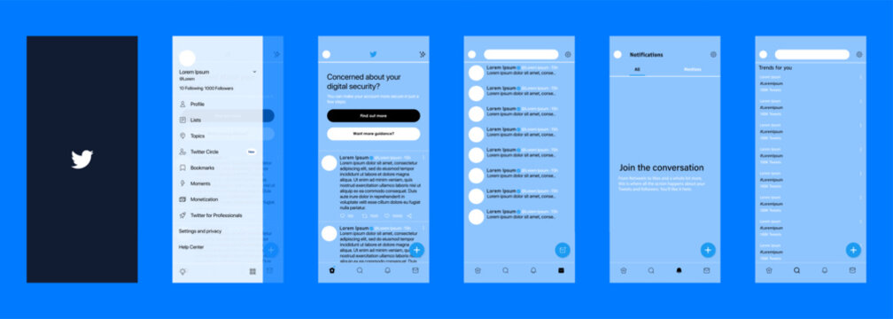 Twitter mobile app interface screens with profile feed notifications and trending topics on smartphone. Editorial vector illustration