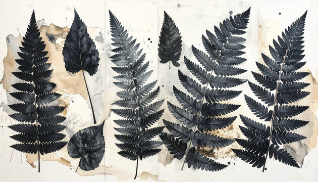 Black ink fern leaves on white background
