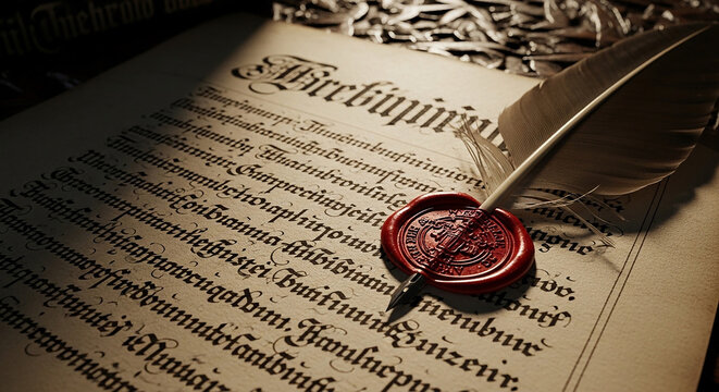 Antique Document with Wax Seal and Quill Pen - Historical Manuscript