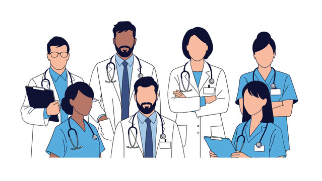 Diverse group of doctors and nurses in white coats and blue scrubs standing together representing a healthcare team.