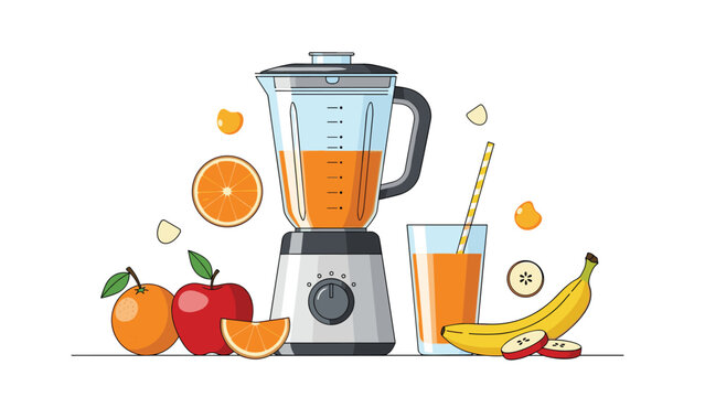 Modern kitchen blender preparing a fresh orange fruit smoothie surrounded by whole and sliced fruits like orange, apple, and banana.