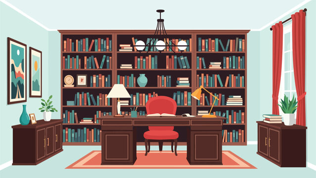 Elegant home library and study room featuring a massive bookshelf, a large desk with a chair, and large windows with red curtains.