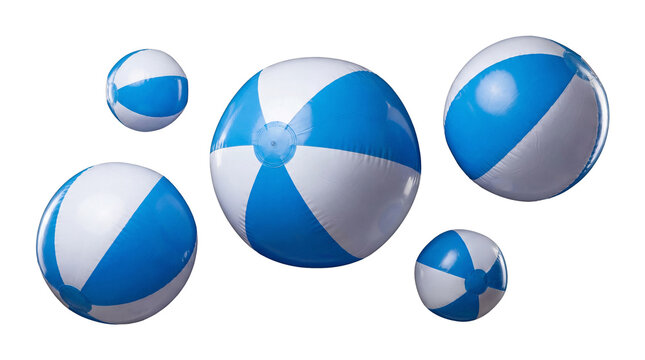 Five vibrant blue and white inflatable beach balls captured in mid-air on a transparent background.