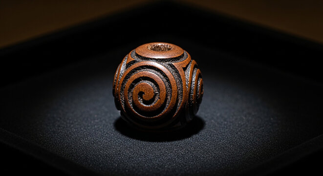 Antique Japanese Netsuke: Carved Wooden Bead with Swirling Spiral Design
