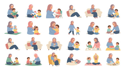 Fototapeta premium Muslim Mother and Child Daily Life Vector Illustration Set. Islamic Parenting, Care, and Education Activities in Flat Style.