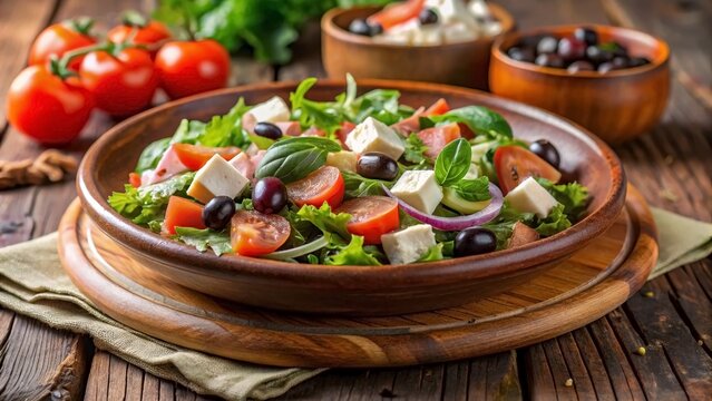 Fresh Greek salad with feta cheese cherry tomatoes black olives and lettuce in a wooden bowl. Healthy vegetarian mediterranean diet meal on a rustic wooden table