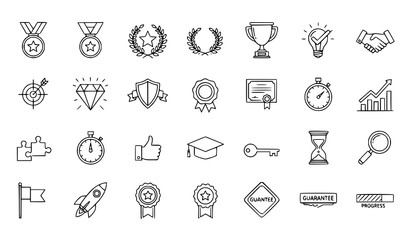 Fototapeta premium A collection of black and white line art icons representing achievement and success