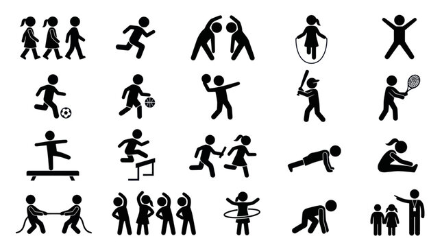 Active Kids Sports  Exercise Pictogram Glyphs Collection for Physical Education