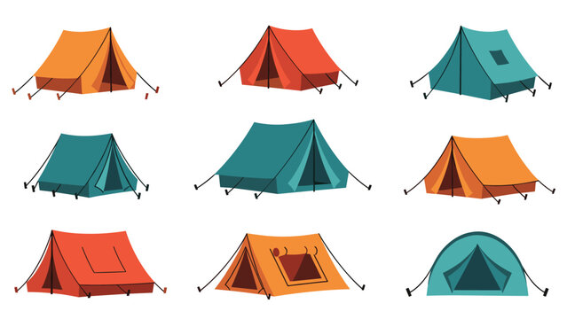 Collection of different camping tents in various shapes and colors like orange, teal, and red isolated on a white background.